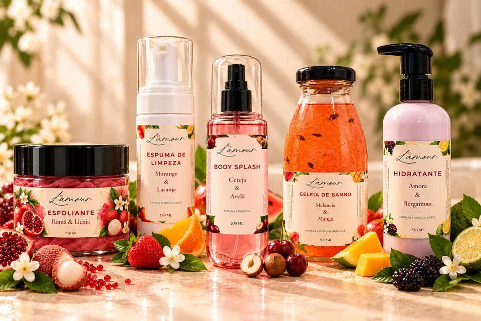Produtos L'Amour de banho e p&oacute;s-banho: esfoliante, espuma de limpeza, body splash, geleia de banho e hidratante